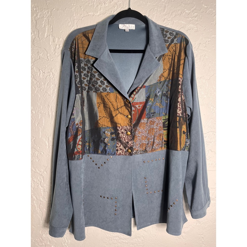 Breeze by Dorothy Schoelen Jacket Womens XL Blue Patchwork Studded Button Front